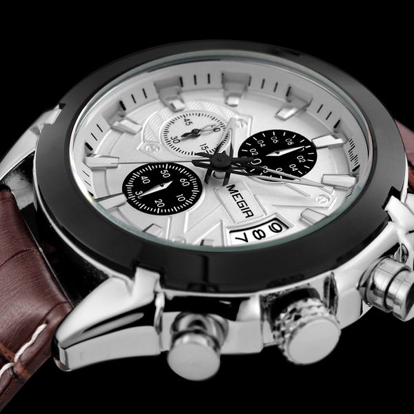 2019 Fashion Megir Chronograph Casual Watch Men Quartz Sport Watch Genuine Leather Men's Wristwatches