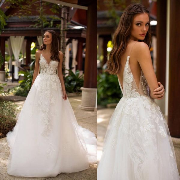 2019 milla nova ivory wedding dresses a line v neck spaghetti lace appliqued country bridal gowns sweep train backless wedding dress, White 
2019 milla nova ivory wedding dresses a line v neck spaghetti lace appliqued country bridal gowns sweep train backless wedding dress, White