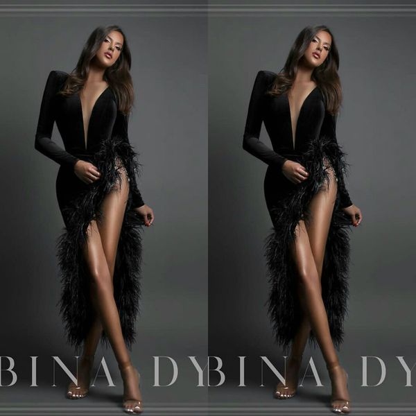 2020 black evening dresses v-neck high-split long sleeves satin feather prom dress sweep train custom made formal party gown sell, Black;red 
2020 black evening dresses v-neck high-split long sleeves satin feather prom dress sweep train custom made formal party gown sell, Black;red