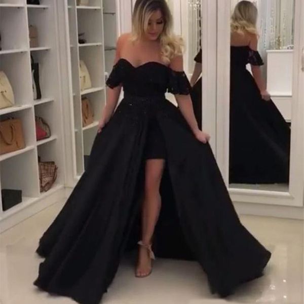2019 New Black Prom Dress Off The Shoulder With Detachable Train Short Inside Long Formal Gowns Evening Party Dresses