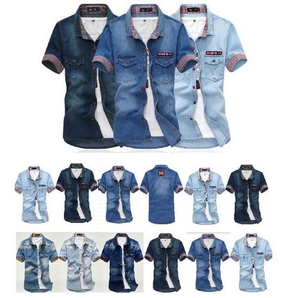 men cowboy shirt men's short-sleeved denim shirt slim washed denim teenage student casual slim british flag, White;black
men cowboy shirt men's short-sleeved denim shirt slim washed denim teenage student casual slim british flag, White;black