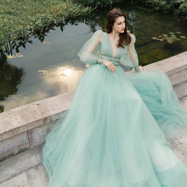 mint green wedding dresses long puff sleeve beading waist tulle v neck open back floor length a line tutu bridal gowns vestidos de noiva, White
mint green wedding dresses long puff sleeve beading waist tulle v neck open back floor length a line tutu bridal gowns vestidos de noiva, White