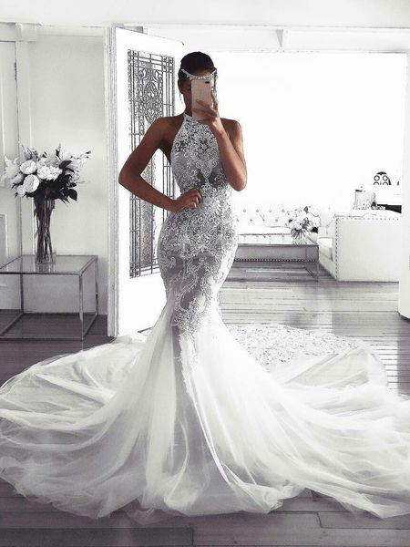 2020 sheer halter extrasmall wedding dresses lace applique beaded court train mermaid berta wedding dress vestidos de novia, White
2020 sheer halter extrasmall wedding dresses lace applique beaded court train mermaid berta wedding dress vestidos de novia, White