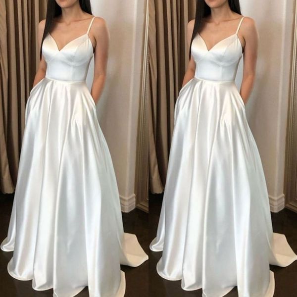 simple white spaghetti strap prom dresses v neck sweep train satin a line party gowns abendkleider with pockets, Black
simple white spaghetti strap prom dresses v neck sweep train satin a line party gowns abendkleider with pockets, Black