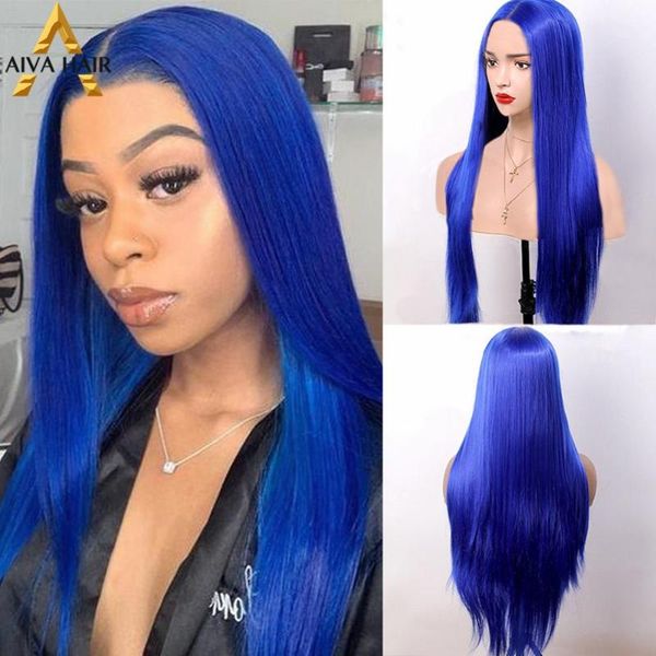 aiva hair heat resistant synthetic none lace wig high density straight long blue wig glueless cosplay wigs for black women