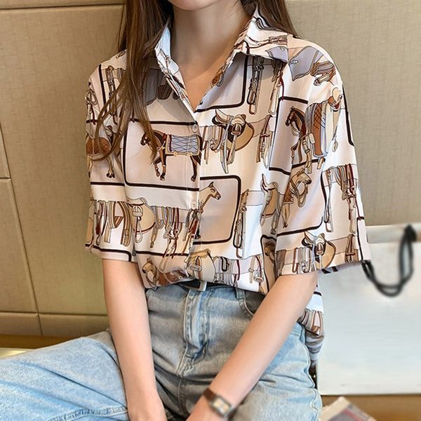 women's blouses & shirts 2021 women retro chic cartoon horse print shirt summer casual lapel loose single-breasted short sleeve blouse, White
women's blouses & shirts 2021 women retro chic cartoon horse print shirt summer casual lapel loose single-breasted short sleeve blouse, White