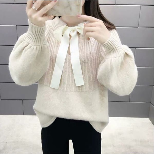 women autumn casual sweaters pullover soft loose bow o-neck knitted sweatr ladies lace up jumper pull femme, White;black
women autumn casual sweaters pullover soft loose bow o-neck knitted sweatr ladies lace up jumper pull femme, White;black