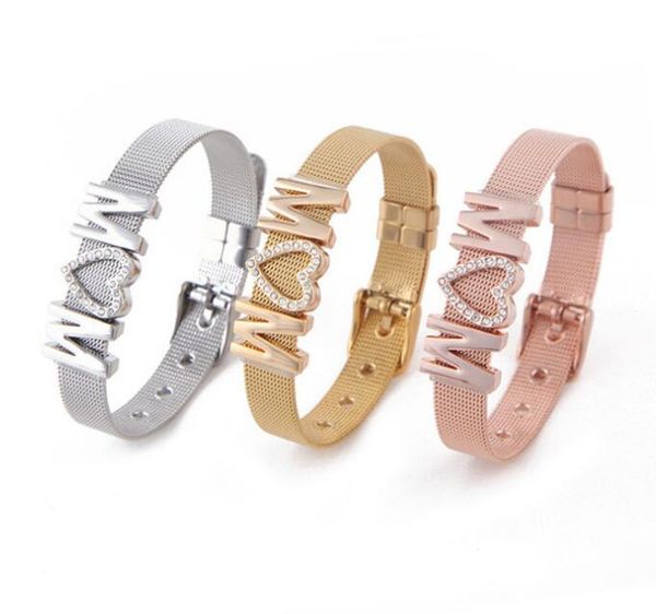 2019 new stainless steel cuff bangle keeper bracelet rhinestone mesh belt bracelet adjustable mom letter charm mother's day gift, Golden;silver