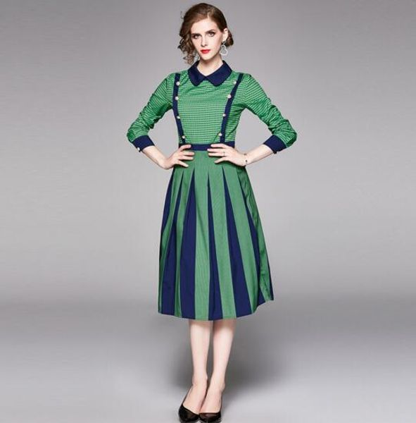 autumn new ladies color matching doll collar long green dot print skirt, Black;gray
autumn new ladies color matching doll collar long green dot print skirt, Black;gray