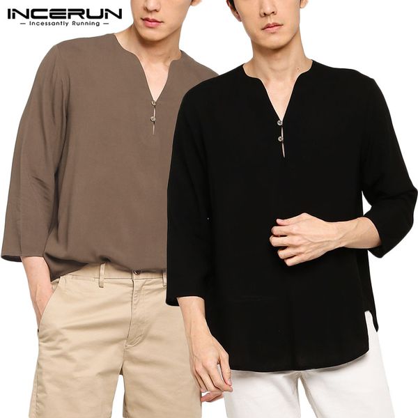 men's casual shirts incerun men summer fashion 3/4 sleeve v neck loose shirt man vintage cotton blouse business solid color camisa homb, White;black
men's casual shirts incerun men summer fashion 3/4 sleeve v neck loose shirt man vintage cotton blouse business solid color camisa homb, White;black
