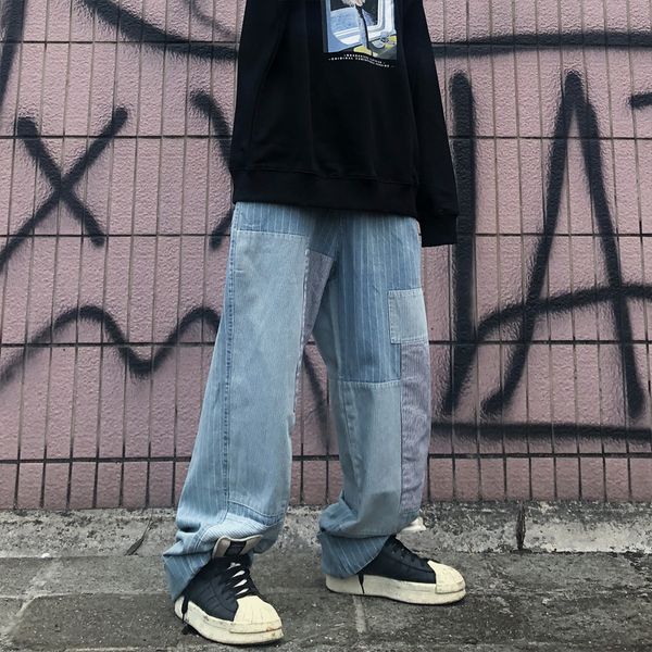 male streetwear hip hop casual denim beggar pants men vintage patch stripe wide leg straight jeans trousers, Blue
male streetwear hip hop casual denim beggar pants men vintage patch stripe wide leg straight jeans trousers, Blue