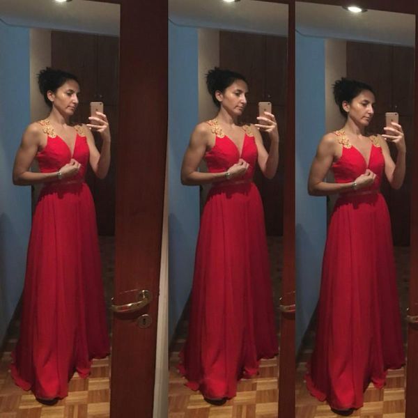 red v neck evening dress applique chiffon long formal women wear party gown plus size, Black;red
red v neck evening dress applique chiffon long formal women wear party gown plus size, Black;red