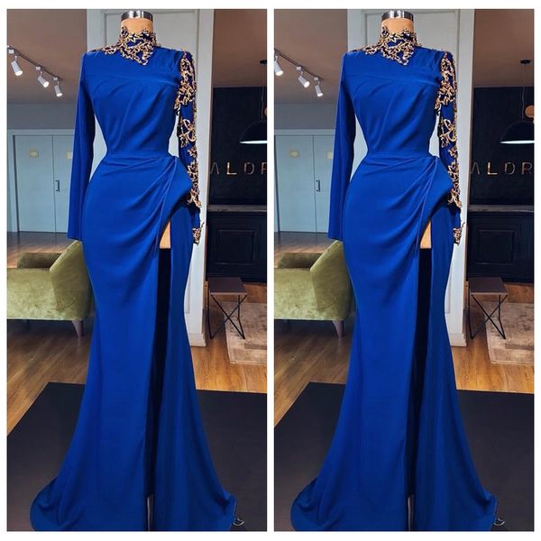 high neck long sleeves mermaid prom dresses with gold lace appliques split front long formal celebrity party wear evening dresses, Black
high neck long sleeves mermaid prom dresses with gold lace appliques split front long formal celebrity party wear evening dresses, Black