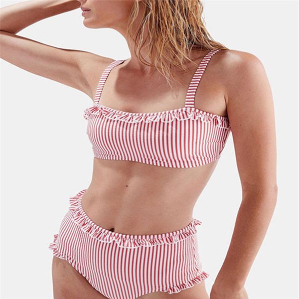 

Women Red&WhiteStriped Swimwear Ruffles High Waist Bandage Push-Up Bikini Set Female Triangle Swimsuit Beachwear Maillot De Bain