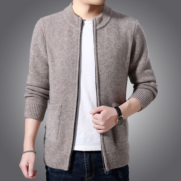 2020 middle-aged men in winter wool zipper jx49 pure sheep camel hair sweater collar cardigan sweater coat, White;black
