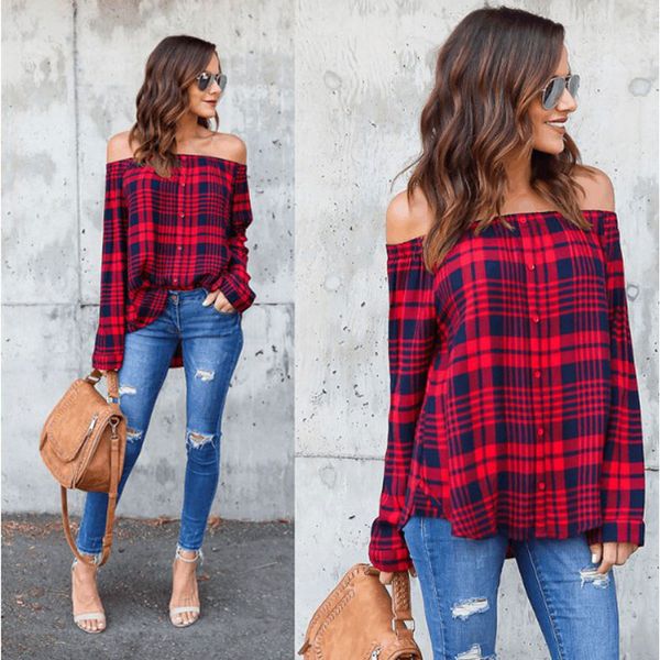 spring women plaid t-shirt slash neck long sleeves single breast pullover women grid printed off shoulder blouse, White
spring women plaid t-shirt slash neck long sleeves single breast pullover women grid printed off shoulder blouse, White
