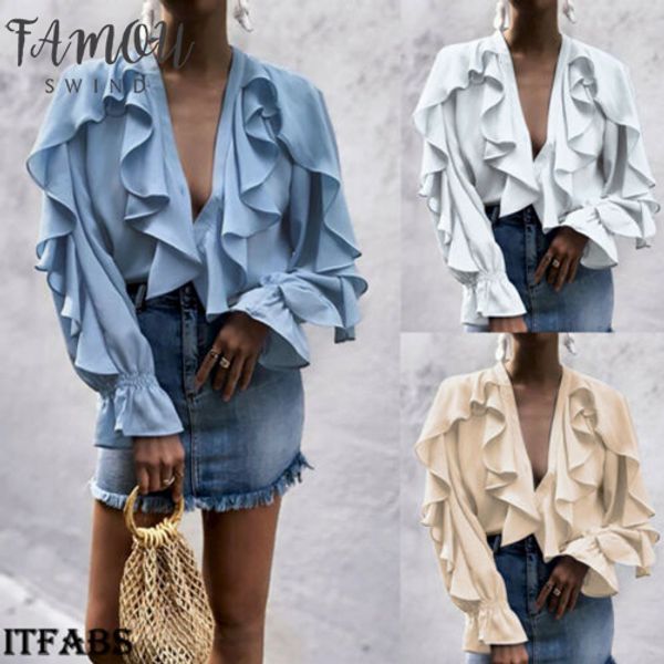ladies new fashion ruffles shirts long sleeve deep v neck female summer office ladies clothes, White
ladies new fashion ruffles shirts long sleeve deep v neck female summer office ladies clothes, White