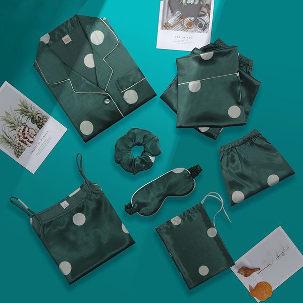 sp&city 7pcs cute polka dots women pajamas set silk texture girl night wear green leisure sleepwear autumn camisole home suit, Black;red
sp&city 7pcs cute polka dots women pajamas set silk texture girl night wear green leisure sleepwear autumn camisole home suit, Black;red