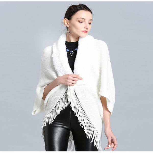 spring and autumn fashionable women's designer new sweater man-made fox fur collar fringed shawl ms. shawl cape, Black
spring and autumn fashionable women's designer new sweater man-made fox fur collar fringed shawl ms. shawl cape, Black