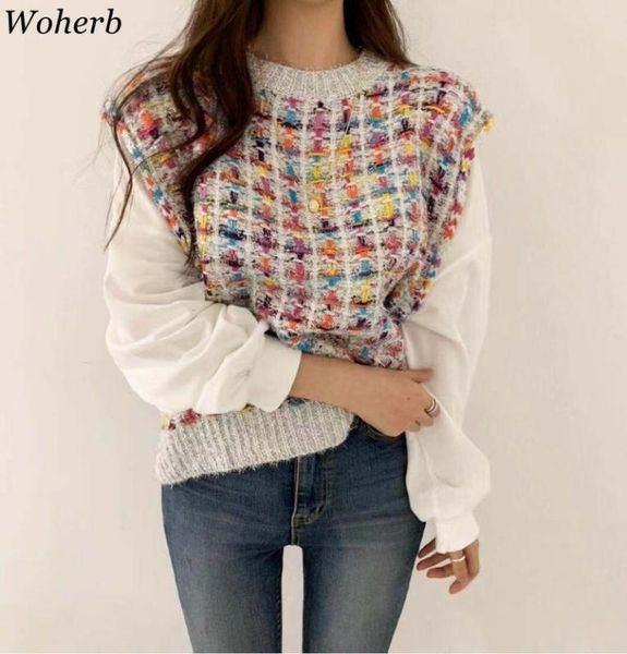 woherb fake 2 piece women sweater shirts elegant plaid knitted pullovers patchwork white puff sleeve blouse korean fashion, White;black
woherb fake 2 piece women sweater shirts elegant plaid knitted pullovers patchwork white puff sleeve blouse korean fashion, White;black