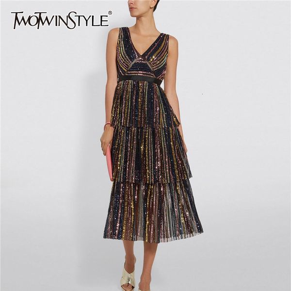 twotwinstyle striped patchwork sequined party dresses for female v neck sleeveless high waist cascading ruffle dress women tide, Black;gray
twotwinstyle striped patchwork sequined party dresses for female v neck sleeveless high waist cascading ruffle dress women tide, Black;gray