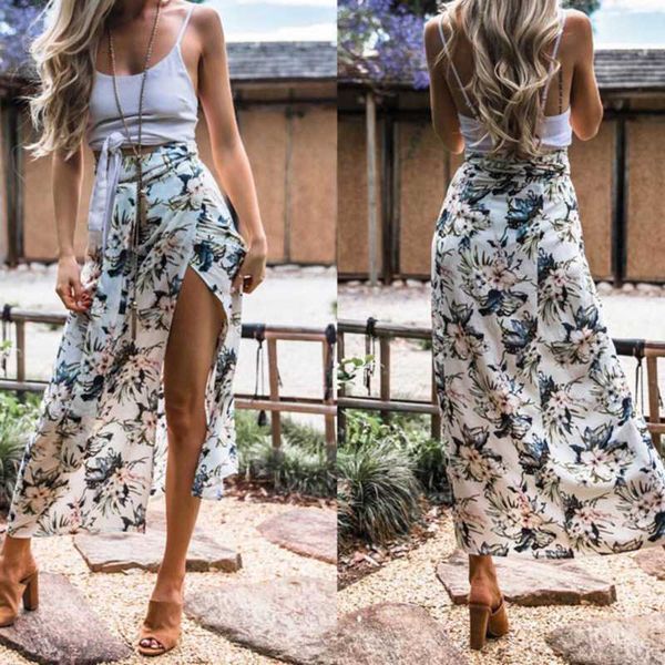 floral print split long skirt women elastic high waist beach skirts summer 2020 elegant female bottom, Black 
floral print split long skirt women elastic high waist beach skirts summer 2020 elegant female bottom, Black
