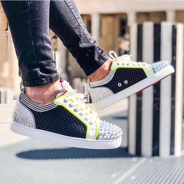 designer spikes mesh leather strass shoes red bottom shoes for men,women casual walking chaussures homme eu35-46, Black