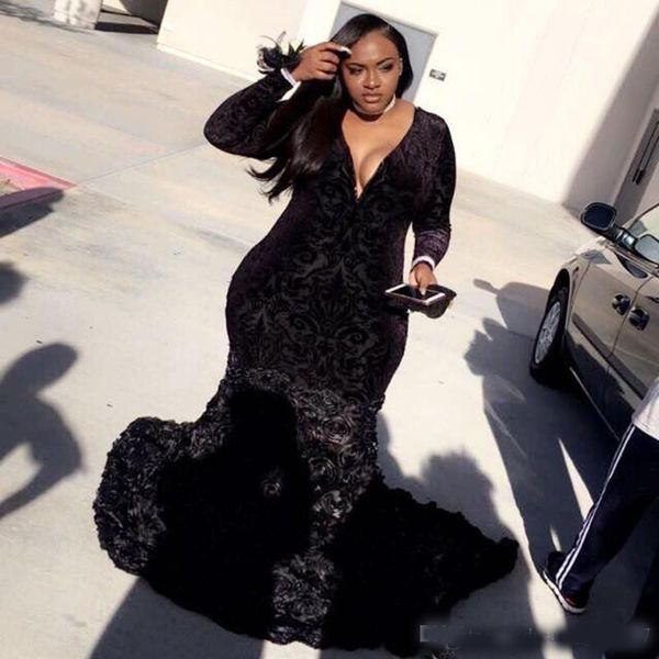 plus size prom dresses black mermaid lace plunging v neck long sleeve evening gowns with 3d flowers 
plus size prom dresses black mermaid lace plunging v neck long sleeve evening gowns with 3d flowers