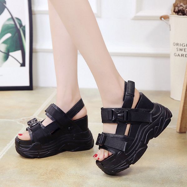sandals ladies increased in summer women's shoes super high heel thick bottom breathable casual sports women's shoes fc-19, Black