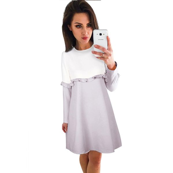 уличная полный весеннее платье 2019 о-образным вырезом оборками мини женские платья твердые прямые полиэстер женская одежда 2019, Black;gray