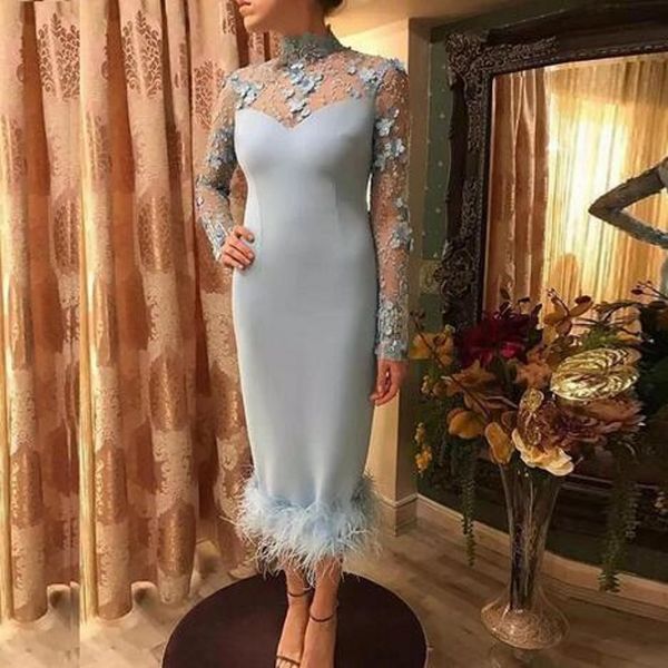 high neck sheath prom dresses illusion long sleeves lace appliques satin women party gowns tea length feather zipper back evening dresses, Black
high neck sheath prom dresses illusion long sleeves lace appliques satin women party gowns tea length feather zipper back evening dresses, Black