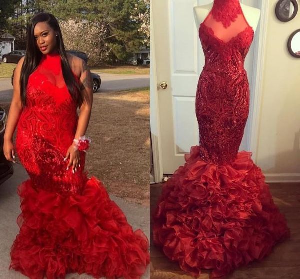 sparkly red mermaid prom formal dresses 2019 luxury lace sequins ruffles tiered skirt high neck african plus size occasion evening gown, Black
sparkly red mermaid prom formal dresses 2019 luxury lace sequins ruffles tiered skirt high neck african plus size occasion evening gown, Black