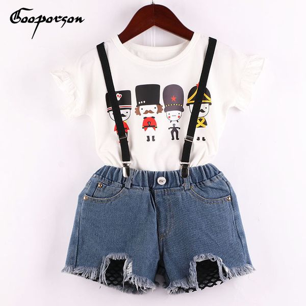girls clothes set soldier printed white shirt and jeans shorts overall clothing suit summer fashion outfits baby kids clothes y190518 
girls clothes set soldier printed white shirt and jeans shorts overall clothing suit summer fashion outfits baby kids clothes y190518