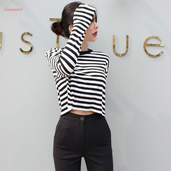 autumn new simple casual black and white striped long sleeved short loose round neck t shirt fashion womens high quality
autumn new simple casual black and white striped long sleeved short loose round neck t shirt fashion womens high quality