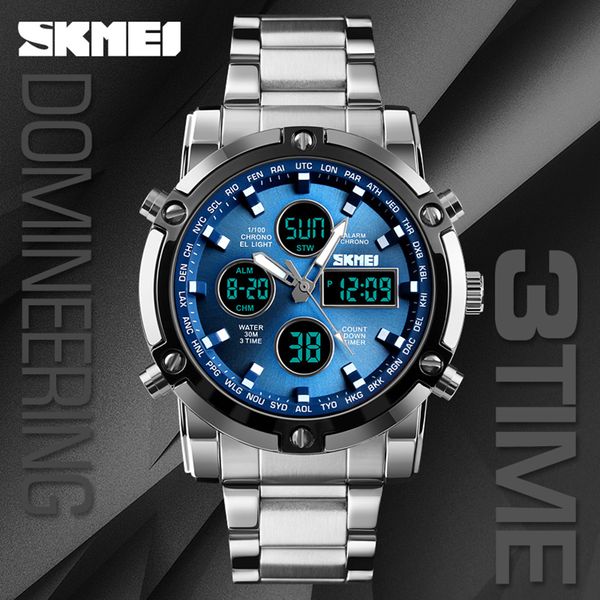 fashion electronic clock watch trend multi-functional three time large dial business men's electronic steel band watches, Slivery;brown
fashion electronic clock watch trend multi-functional three time large dial business men's electronic steel band watches, Slivery;brown