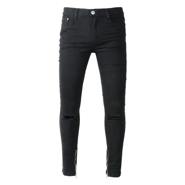 torn jeans pants men black denim trousers straight street wear, Blue