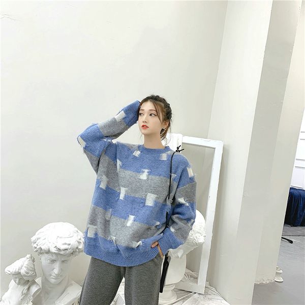 women's sweaters autumn and winter 2021 pullover sweater korean loose block hole lazy wind round neck thick women, White;black
women's sweaters autumn and winter 2021 pullover sweater korean loose block hole lazy wind round neck thick women, White;black