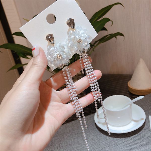 2019 new fashion japan korea girl cute earrings silver pins crystal flowers tassel drop earrings for women jewelry accessories