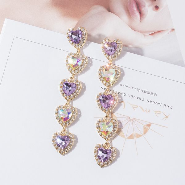 

selling fashion jewelry heart crystal tassel earrings long purple white mixed color zircon wedding earrings for women, Silver