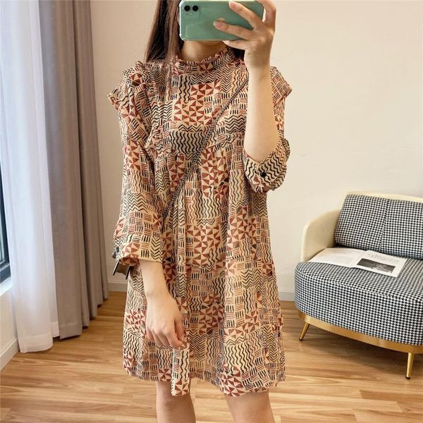 women dress spring summer stand neck printing geometry ruffled mini dress, Black;gray
women dress spring summer stand neck printing geometry ruffled mini dress, Black;gray