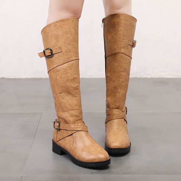 

womens knee high boots winter calf biker boots pu leather zip punk combat army square heel women shoes, Black