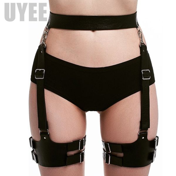 

uyee 100% handmade pu leather harness body bondage rave leg garters waist belt punk suspenders strap for bdsm women lp-054 y200520, Black;brown