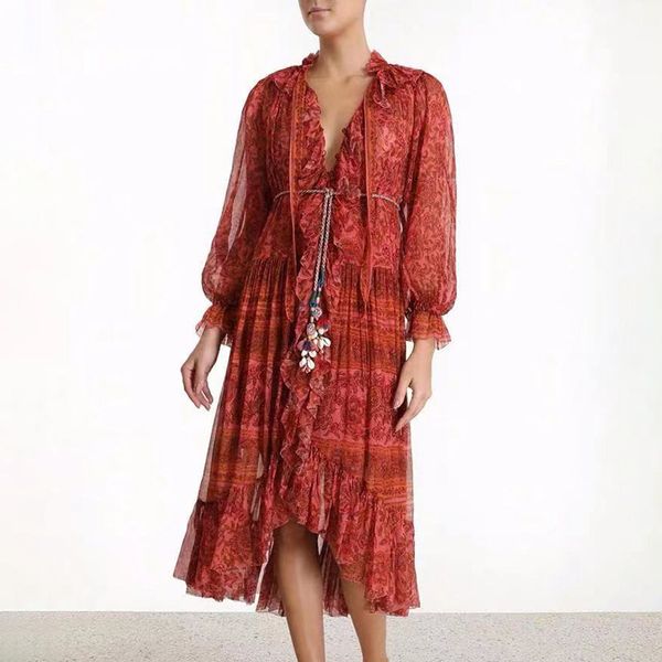 new fashion national style lotus leaf edge splicing red floral bandage long sleeve temperament dress female, Black;gray
new fashion national style lotus leaf edge splicing red floral bandage long sleeve temperament dress female, Black;gray