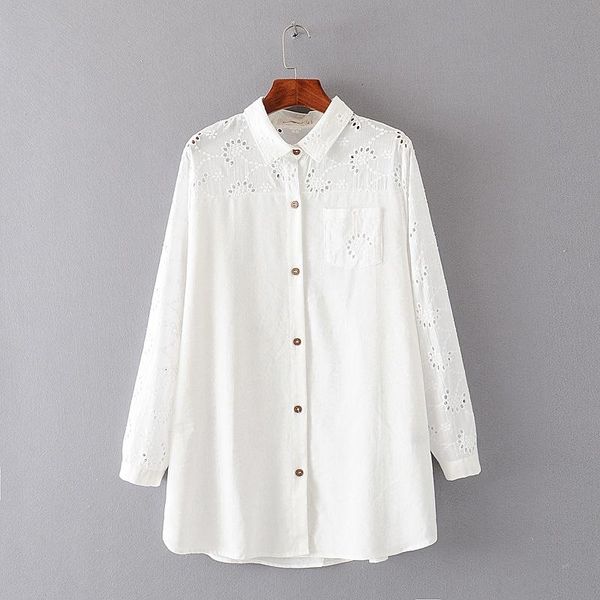 plus size embroidered floral blouse women long sleeve white women