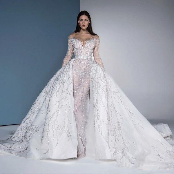 illusion long sleeves mermaid wedding dress with detachable train luxury crystal beaded plus size bridal gown custom made, White
illusion long sleeves mermaid wedding dress with detachable train luxury crystal beaded plus size bridal gown custom made, White