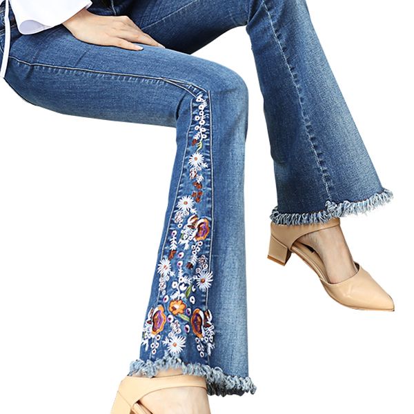 2020 spring autumn women vintage chinese style floral embroidery high waist slim flare jeans elastic denim distressed jeans y675, Blue
2020 spring autumn women vintage chinese style floral embroidery high waist slim flare jeans elastic denim distressed jeans y675, Blue