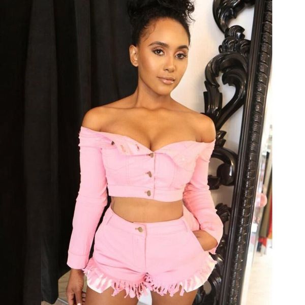 2 piece set women autumn and winter suit off shoulder long sleeve denim tassels shorts pink cropped two piece set and pants, Gray 
2 piece set women autumn and winter suit off shoulder long sleeve denim tassels shorts pink cropped two piece set and pants, Gray