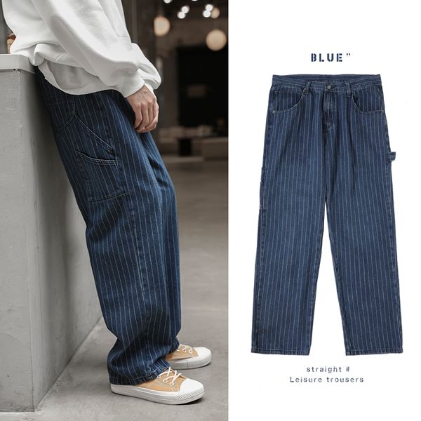 men vintage striped wide leg jeans 2019 men japan style streetwear fashion denim pants male loose straight jeans, Blue
men vintage striped wide leg jeans 2019 men japan style streetwear fashion denim pants male loose straight jeans, Blue