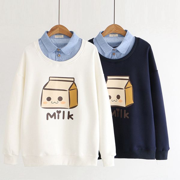 2019 autumn new style sweet literature and art college style cute milk box printed mock two-piece plus velvet hoodie women's, Black
2019 autumn new style sweet literature and art college style cute milk box printed mock two-piece plus velvet hoodie women's, Black