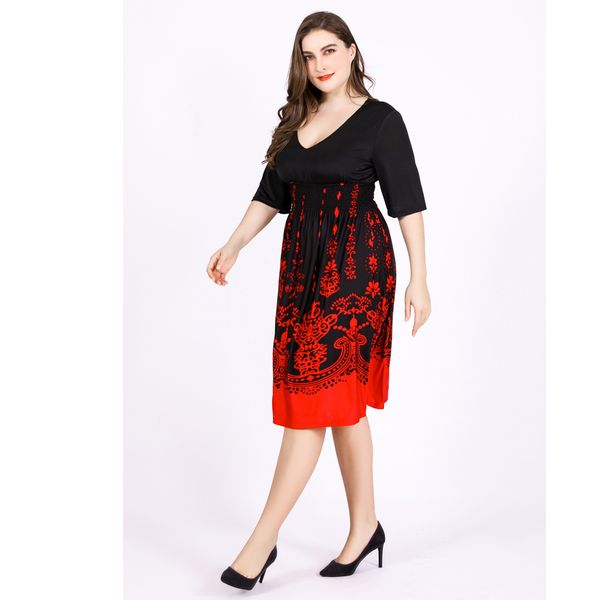 2020 new spring plus size dress european women's loose low cut round neck ice silk print swing knee length skirt, Black;gray
2020 new spring plus size dress european women's loose low cut round neck ice silk print swing knee length skirt, Black;gray